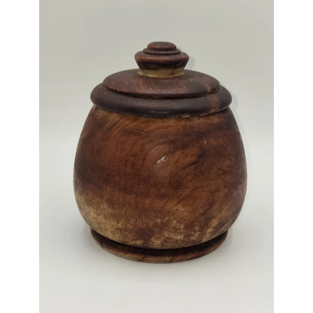 Vintage Hand Turned Wood Lidded Pot‎ Bowl Rustic Wooden Container 5.5